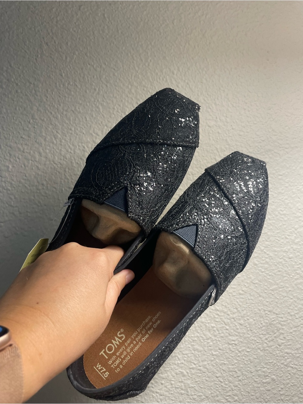 TOMS Women’s Black Glitter Lace Slip-On Moccasins